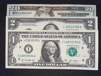 FANCY SERIAL NUMBERS $1 $2 $20 2013 UNCIRCULATED FED NOTE I9 MINNEAPOLIS L12 SF  - Image 1 of 2