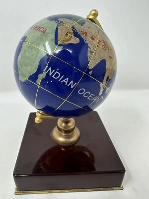 Globo terráqueo vintage de vidrio lapislázuli azul con piedras preciosas de escritorio 5,5" Foto 1 de 4