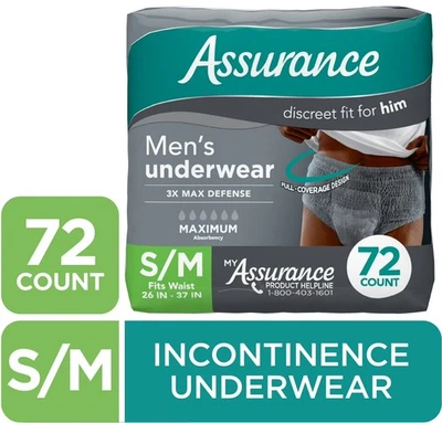 Ropa interior para incontinencia Assurance para hombre, pequeña/mediana, máxima absorción 72 quilates Foto 1 de 4