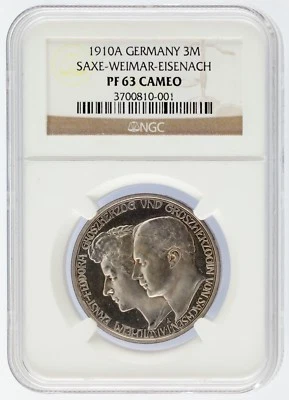 1910 A Germany 3 Mark 3M Saxe-Weimar-Eisenach Silver NGC Graded PF63 Cameo - Image 1 of 4
