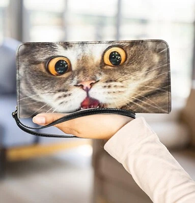 Encantadora cartera sin asas de cuero personalizada con cara de gato, billetera de cuero para amantes de los gatos Foto 1 de 3