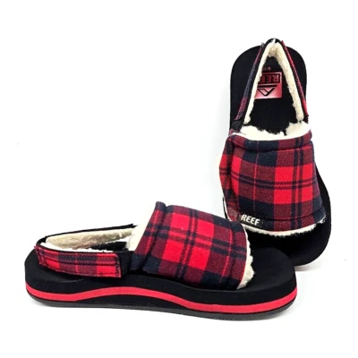 Reef Red Plaid Little Camper Faux Shearling Lined Slides Toddler Unisex 9/10 - Image 1 of 4