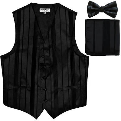 New Men's vertical stripes Tuxedo Vest Waistcoat_bowtie & hankie black formal - Image 1 of 4