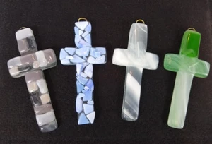 Lot of Four Glass Crosses for Jewelry Crafts Decor Recycled Art Glass Blue Green - Picture 1 of 12