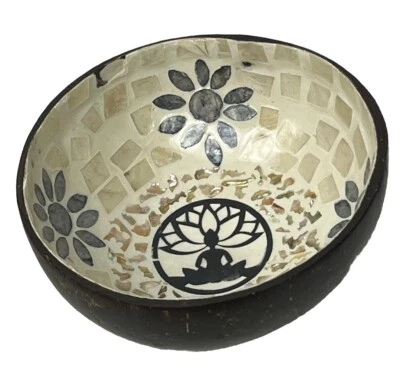 Coconut Shell Bowl Mother of Pearl Lotus Yoga Handcraft Trinket Dish Cream Black - Image 1 of 3
