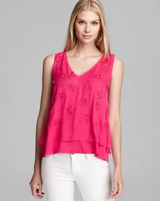 Blusa Elie Tahari S Rosa Alta Baja Seda Recortes Estrás En Capas NUEVA $398 Foto 1 de 4