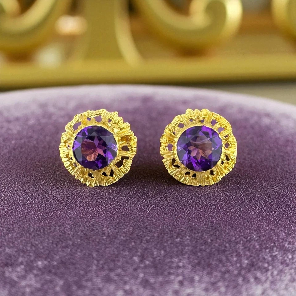 Vintage 18K Yellow Gold Amethyst Floral Stud Earrings Screw Back 2.2g 10.8mm - Image 1 of 4