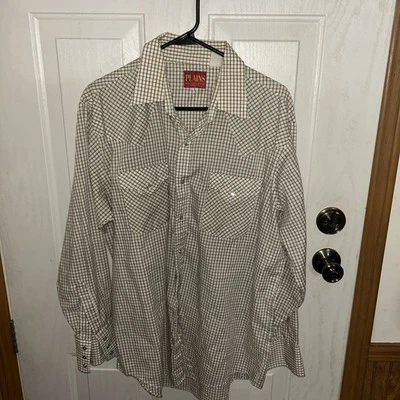 Camisa PLAINS WESTERN WEAR Para Hombre Talla L Marrón A Cuadros Manga Larga Perla-A Presión Foto 1 de 3