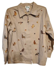 Quacker Factory Large Embroidered Cat Jacket, Khaki/Tan, Zip Front Embellished - Picture 1 of 6