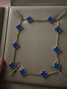 NWT Van Cleef & Arpels Vintage Alhambra 10 Motif Necklace Blue Agate - Picture 1 of 9