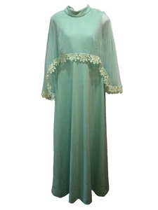 Vintage 70er Jahre Chiffon Cape Kleid Größe 12 ? Miss Rubette hellgrünes Plisseekleid - Bild 1 von 8