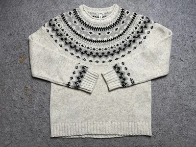 L.L.Bean Sweater Mens Medium Gray White Lambswool Fair Isle Nordic Pullover - Image 1 of 4