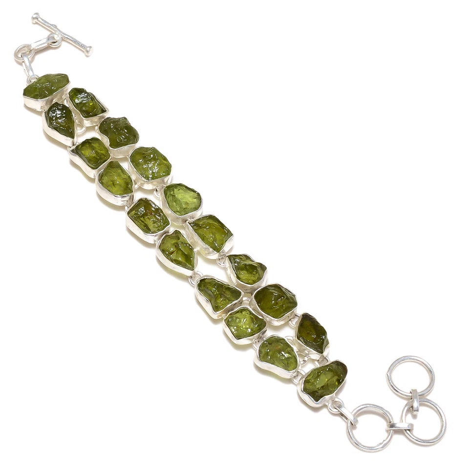 925 Solid Sterling Silver Charming green Peridot raw stone Bracelet size 7.50 - Image 1 of 1