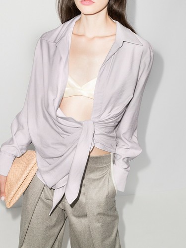 Camicetta Jacquemus NUOVA SEXY drappeggiata taglio basso nodo 38 La Chemise Bahia grigio lilla