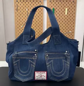 NWT TRUE RELIGION Women's Dark Blue Denim Horseshoe Stitch Satchel Handbag - Picture 1 of 19