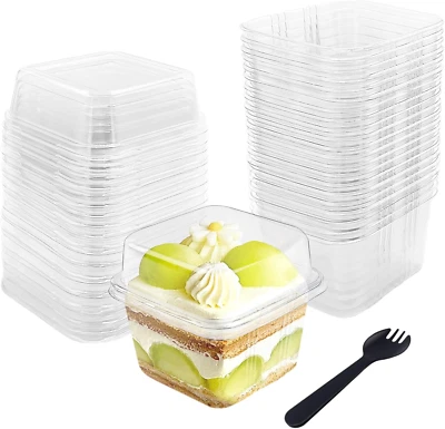 QYYIGUF 50 Pcs 8OZ Plastic Dessert Cups with Lids and Spoons,Square Parfait Cups,Disposa