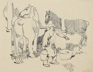 Eduard Aigner 1903-1978 München / Tuschzeichnung Pferdestall Bauer Wasserburg - Bild 1 von 20