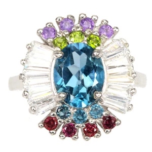 925 Anello Argento Sterling Ovale London Topazio Blu Peridoto Ametista Gemma - Foto 1 di 9