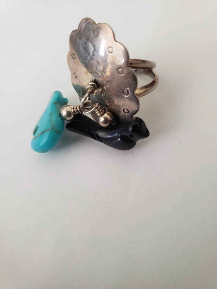 Anillo Nativo Americano CJD Turquesa Negro Ónix Oso Pájaro Plata Esterlina Talla 6.25 Foto 1 de 4
