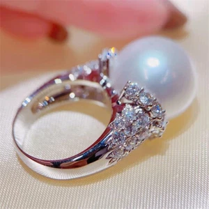 Women Elegant White Pearl Rings 925 Silver Anniversary Jewelry Size 6-10 - Picture 1 of 8