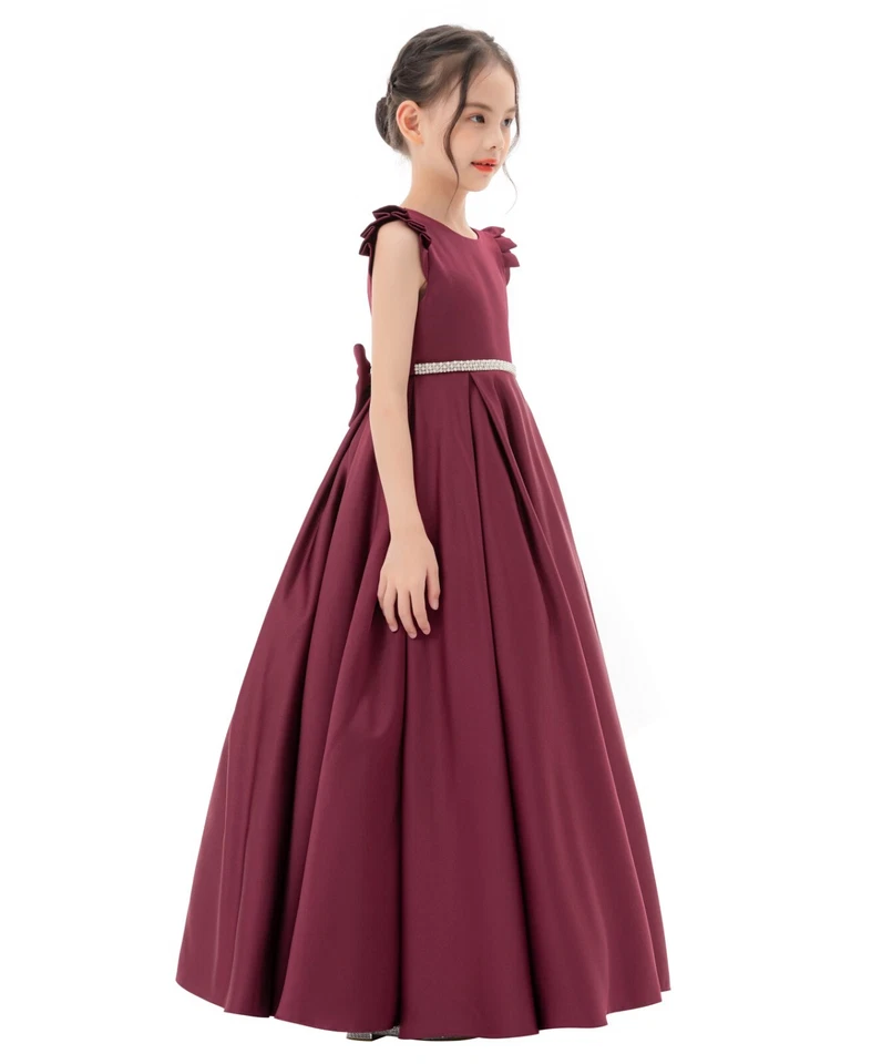 Satin Flower Girl Dress with Ruffled Cap Sleeves Princess Gown Birthday Dresses - Image 1 of 1