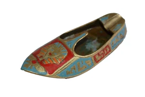 MCM Vintage Aladdin Slipper w/ Egyptian Design Brass Ashtray Red Blue - Picture 1 of 7