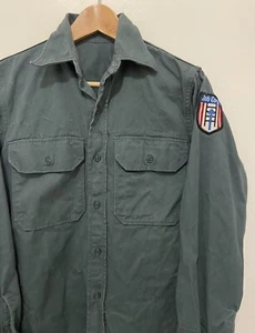 VTG 60'S JOB CORPS PATCHED GREEN SANFORIZED COTTON TWILL WORK L/S SHIRT USA S M - Picture 1 of 15