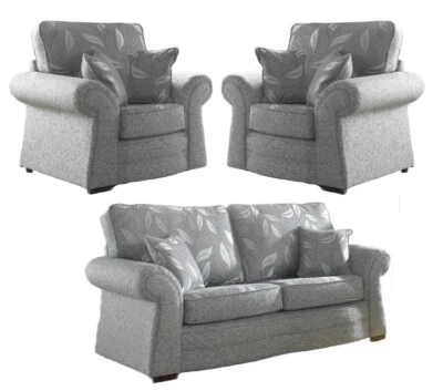 Grey High Quality Fabric Material 2 Seater Sofa + 2 Armchairs Suite ROMFORD - Image 1 of 4