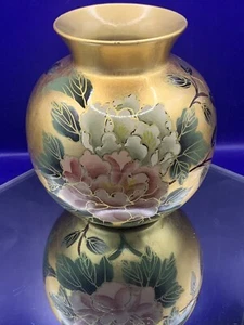 8" Gold Blumenvase unmarkiert kaltbemalt Chrysanthemen - Bild 1 von 9