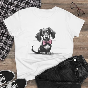 Camiseta Digipups Dachshund Cachorro Perro Rosa Pajarita Boceto Dibujos Animados Damas - Imagen 1 de 3