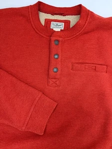 LL Bean Fleece-Lined Henley Men Large Waffle-Knit Orange Heavy Outdoors Sweater - Picture 1 of 20