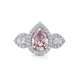 2CT Pear Cut Lab Grown Fancy Vivid Pink Diamond Wedding Halo Ring 14k Gold - Picture 1 of 14