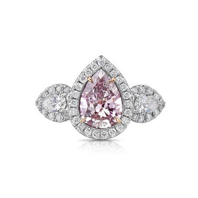 2CT Pear Cut Lab Grown Fancy Vivid Pink Diamond Wedding Halo Ring 14k Gold - Image 1 of 4