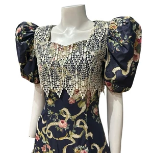 VTG 80s Navy Floral Puff Sleeve Dress Cottagecore Victorian Revival size 3/4 ^ - Picture 1 of 5