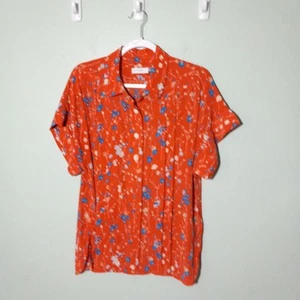 Equipment Blouse Top size Medium, 100% Silk Orange Floral Career Pleated *mend - Picture 1 of 13