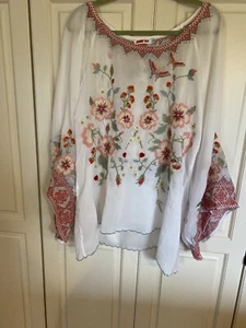Boho-Tunika Johnny Was weiß XL halbtransparent Schmetterling bestickt - 169H - Bild 1 von 4