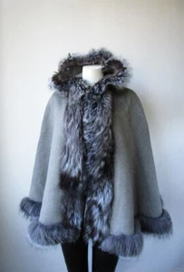 Women's New Gray Cashmere Wool Wrap Cape Silver Fox Fur Hood  - Picture 1 of 6