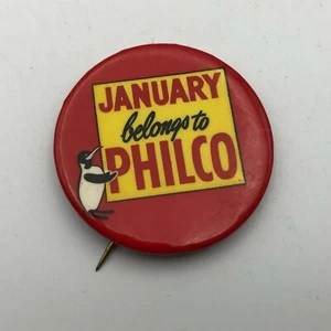 PHILCO Radio Pinback Januar gehört zur Werbung Button Pin Pinguin Vintage - Bild 1 von 12