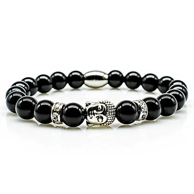 Onyx Armband Bracelet Perlenarmband Buddhakopf schwarz 8mm Edelstahl Strass - Bild 1 von 2