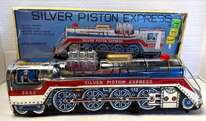 1969 Silver Piston Express Battery Op Tin Toy Train Engine Masudaya Original Box - Picture 1 of 14