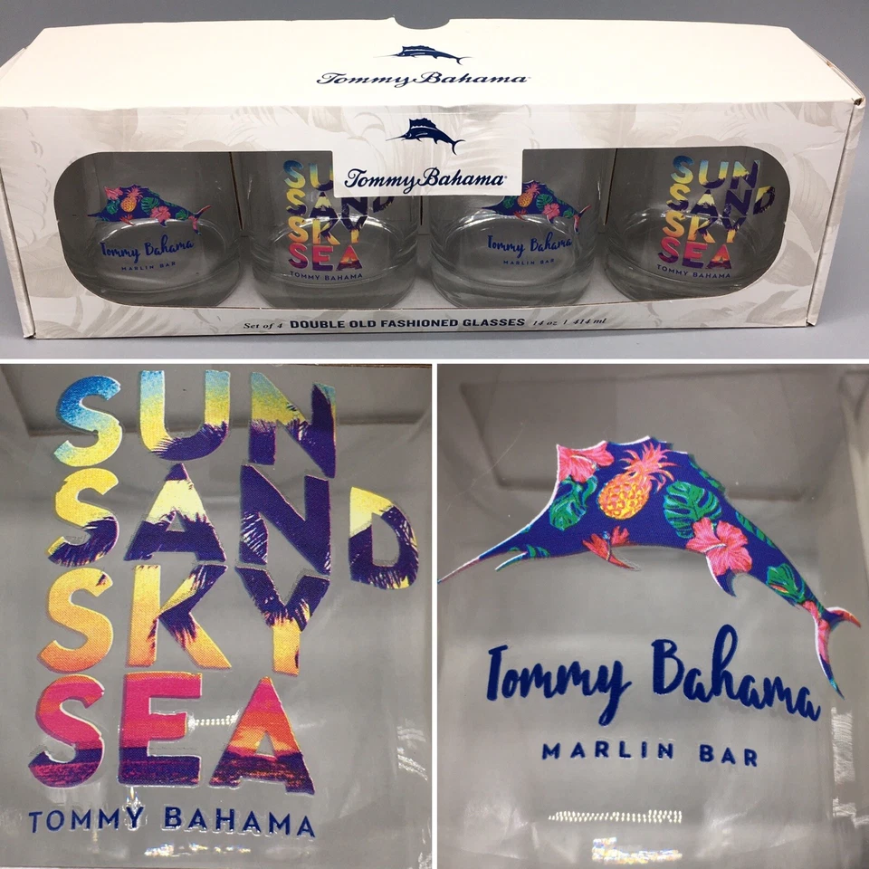 4 TOMMY BAHAMA Doble Antiguo Juego de Vidrio Marlín Verano Océano Playa Tropical Foto 1 de 4