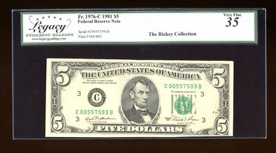 DBR 1981 $5 FRN Philadelphia Fr. 1976-C Legacy 35 Serial C00557593B - Image 1 of 2