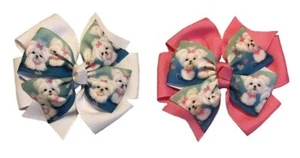 Maltese Puppy Dog Pinwheel Hair Bow (White or Pink) - Picture 1 of 4