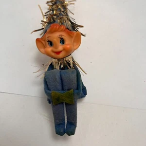 Oropel vintage Napco Japón Navidad Elfo Pixie Rodillera Abrazador Adorno Fieltro Azul - Imagen 1 de 5