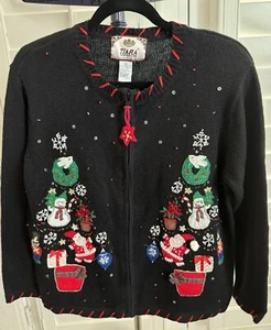 Tiara Int'l Sz M Blk Ugly Christmas Cardigan Zip Sweater Appliqué Design NWT - Picture 1 of 17