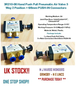 3R210-08 Hand Push Pull Pneumatic Air Valve 3 Way 2 Position + 6/8mm Connector - Picture 1 of 4