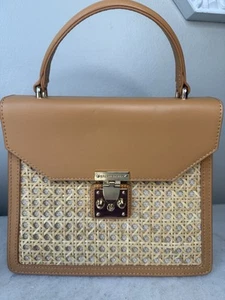 Spartina 449 Cane Satchel Bag Wicker Basket Purse Leather Gold Hardware - Picture 1 of 8