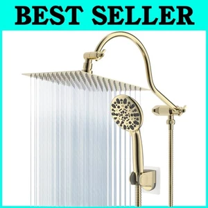 Polished Brass 10'' Shower Head Combo: High Pressure & Adjustable Extension Arm - Picture 1 of 11