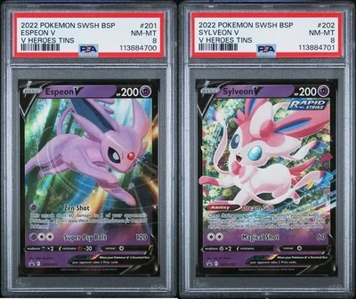 2022 POKEMON BLACK STAR PROMO V HEROES TINS ESPEON V & SYLVEON V PSA 8 SEQ SET - Image 1 of 4