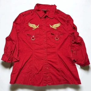 Rocawear Women’s Red Button Up Shirt XL Gold Embroidered Wings Utility Style - Picture 1 of 6